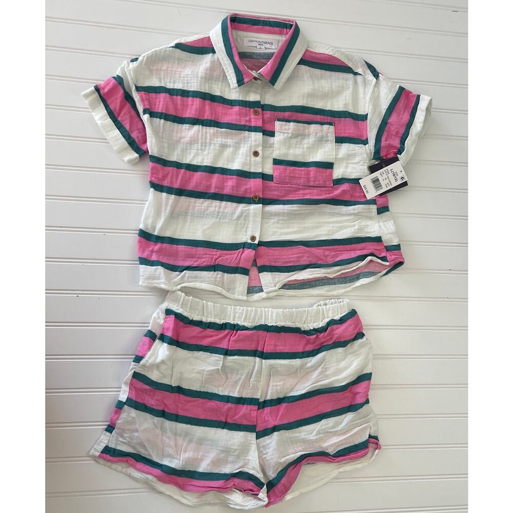 NWT Grayson‎ Threads Striped Cotton Lightweight Top Shorts Set Girls Large 10/12